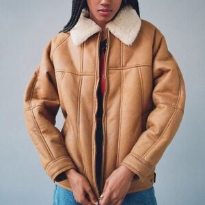 BDG Tan Shearling-Lined Bomber Jacket